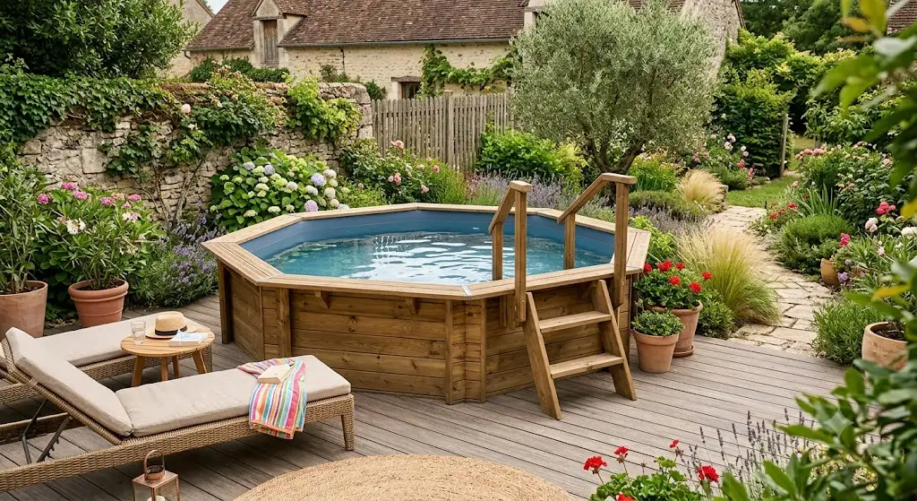 Petite piscine hors sol en bois installée sur une terrasse aménagée dans un petit jardin