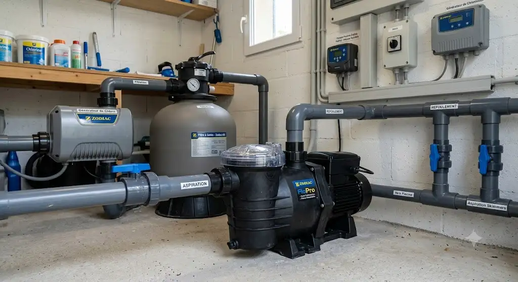 Pompe piscine Zodiac FloPro installée dans un local technique pour filtration de bassin résidentiel