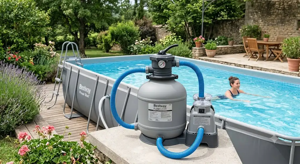 Système de pompe Flowclear Bestway à sable pour la filtration efficace d'une piscine hors-sol dans un jardin