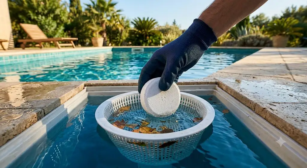 Galet de chlore lent placé dans le panier de skimmer pour le traitement de l'eau de piscine (chlore lent piscine)