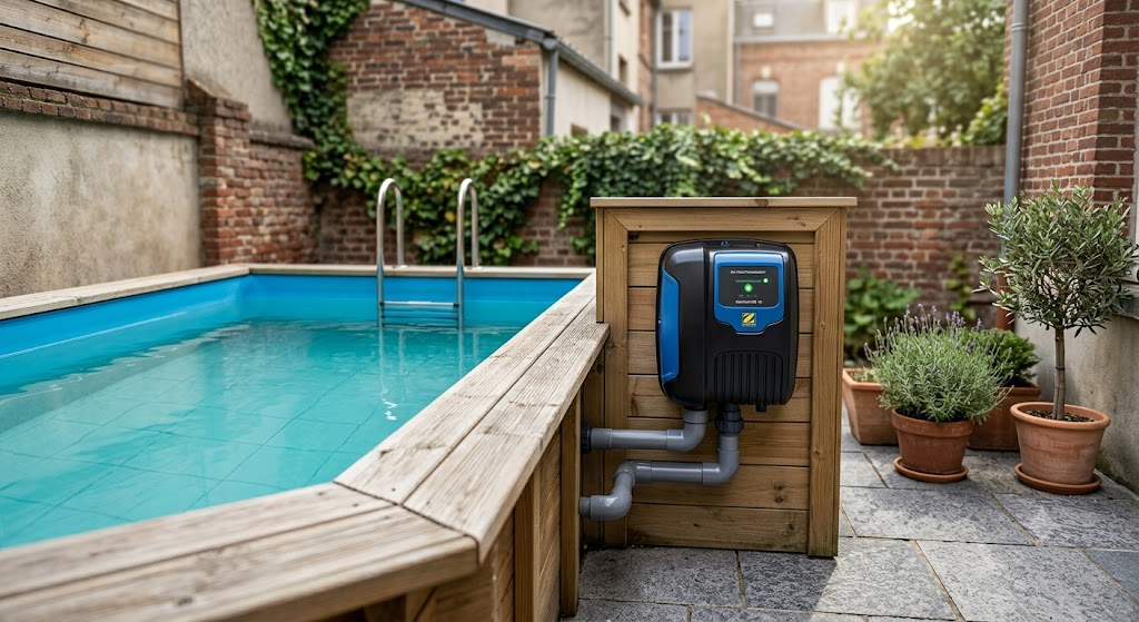 Électrolyseur au sel compact installé sur une mini-piscine urbaine de moins de 10 m². (électrolyseur sel petit bassin)