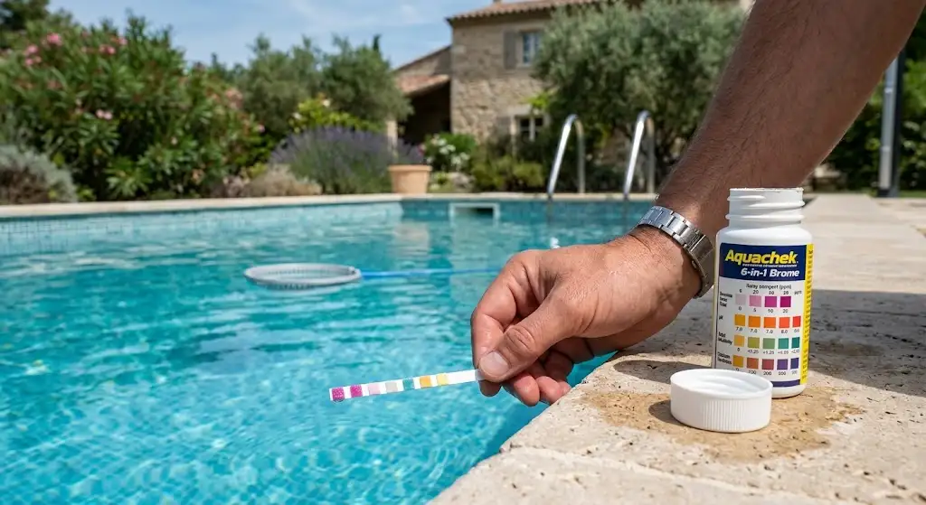 Analyse du taux de brome dans une eau de piscine à l'aide d'une bandelette de test. (traitement brome piscine)