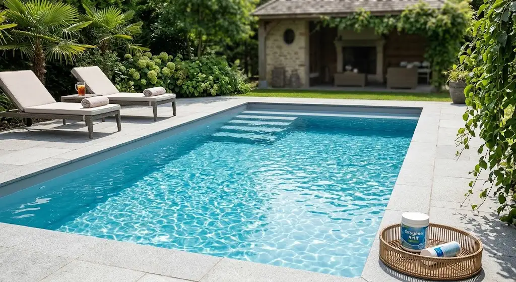 Bassin de piscine familiale à l'eau limpide traitée naturellement à l'oxygène actif sans odeur de chlore. (oxygène actif piscine)