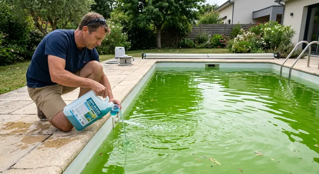 Illustration montrant l'application d'un traitement anti-algues piscine à l'eau verte.