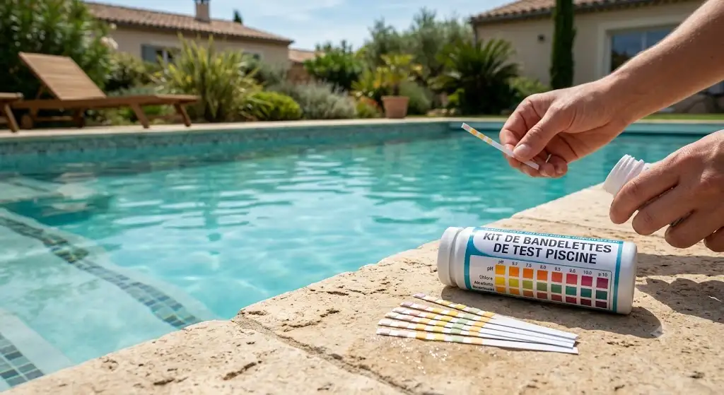 Kit de bandelettes de test pour analyse complète de l'eau de piscine posé au bord du bassin. (bandelettes test piscine)