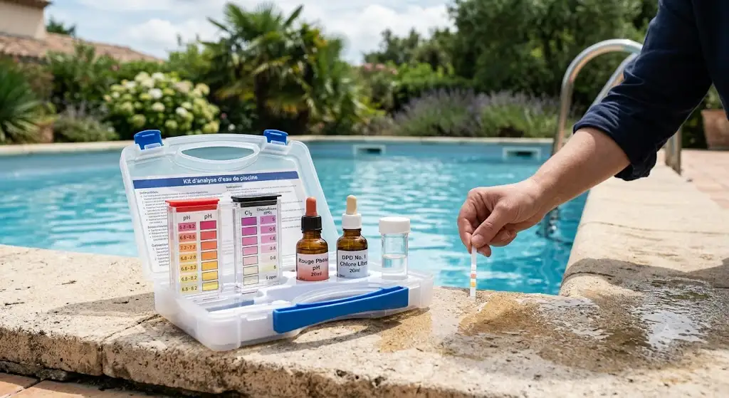 kit analyse eau piscine avec bandelettes réactives pour tester le pH et le chlore.