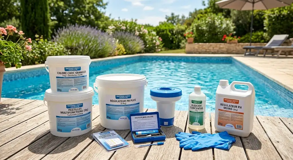 kit traitement piscine pas cher complet avec chlore choc, pastilles multifonctions et régulateur de pH.