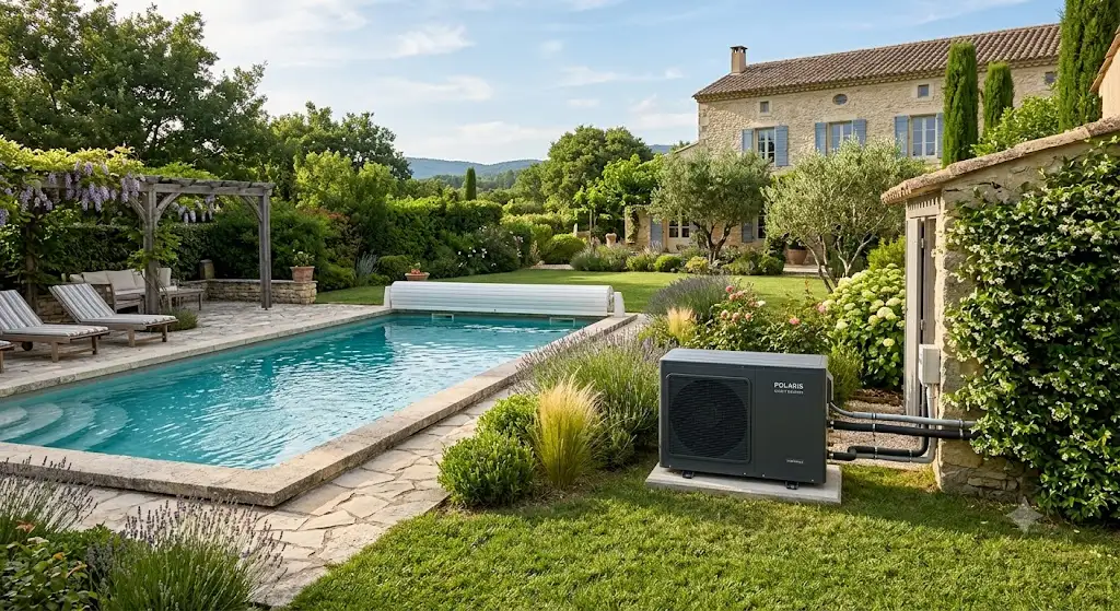Pompe à chaleur piscine silencieuse installée à côté d'un bassin dans un jardin résidentiel