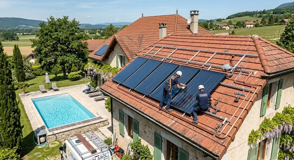 Installation de panneaux solaires thermiques sur le toit pour chauffer l'eau d'une piscine familiale. (panneau solaire piscine)