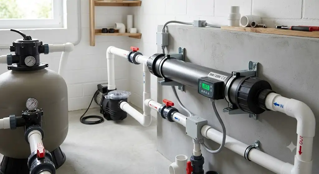 réchauffeur électrique piscine tubulaire raccordé au circuit de filtration dans un local technique.