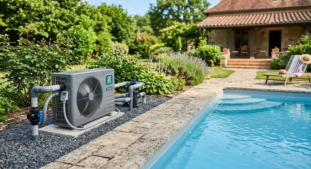 Pompe à chaleur Zodiac installée au bord d'une piscine résidentielle dans un jardin