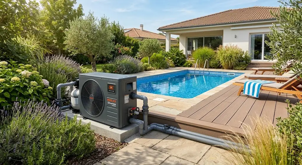 Pompe à chaleur Poolex Silverline Full Inverter installée au bord d'une piscine familiale dans un jardin