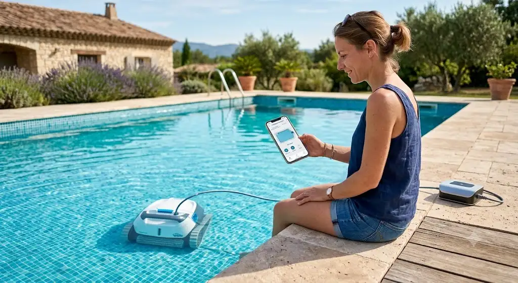 Utilisateur contrôlant un robot piscine connecté application smartphone au bord de la piscine.