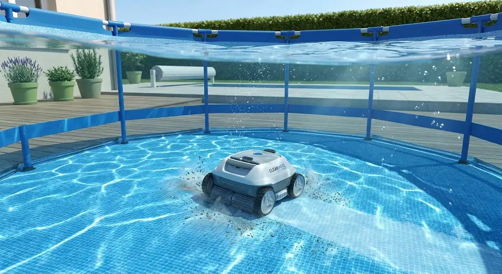 Robot piscine hors sol compact en plein nettoyage automatique du fond d'un bassin tubulaire