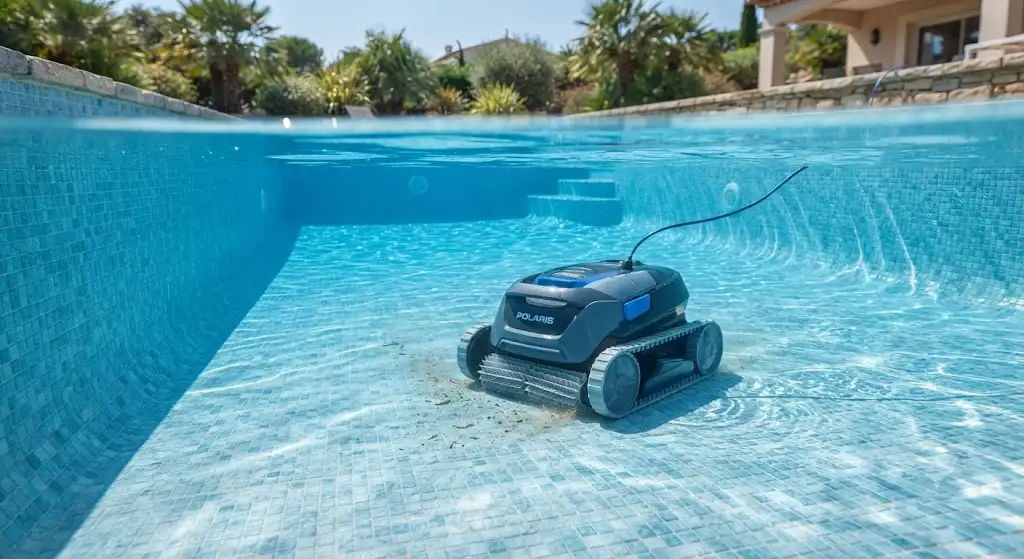 Robot piscine polaris électrique en action au fond d'un bassin résidentiel