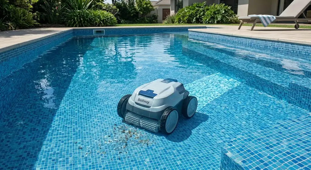 Robot piscine Bestway sans fil nettoyant le fond d'un bassin résidentiel