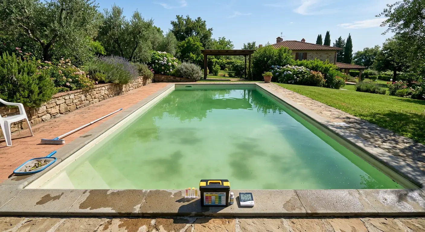Piscina privata con acqua torbida e verdastra da trattare