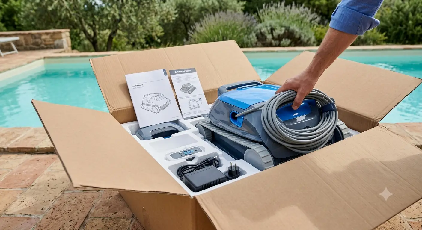 Apertura della scatola con robot pulitore per piscina e componenti inclusi