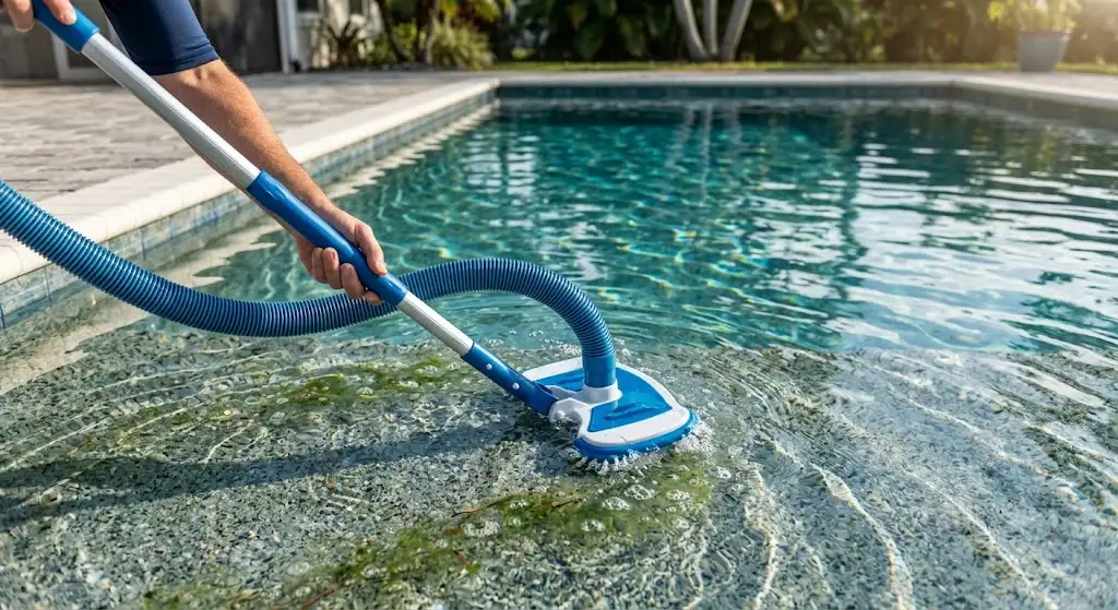 Utilisation d'un balai aspirateur piscine manuel pour nettoyer le fond du bassin et aspirer les impuretés