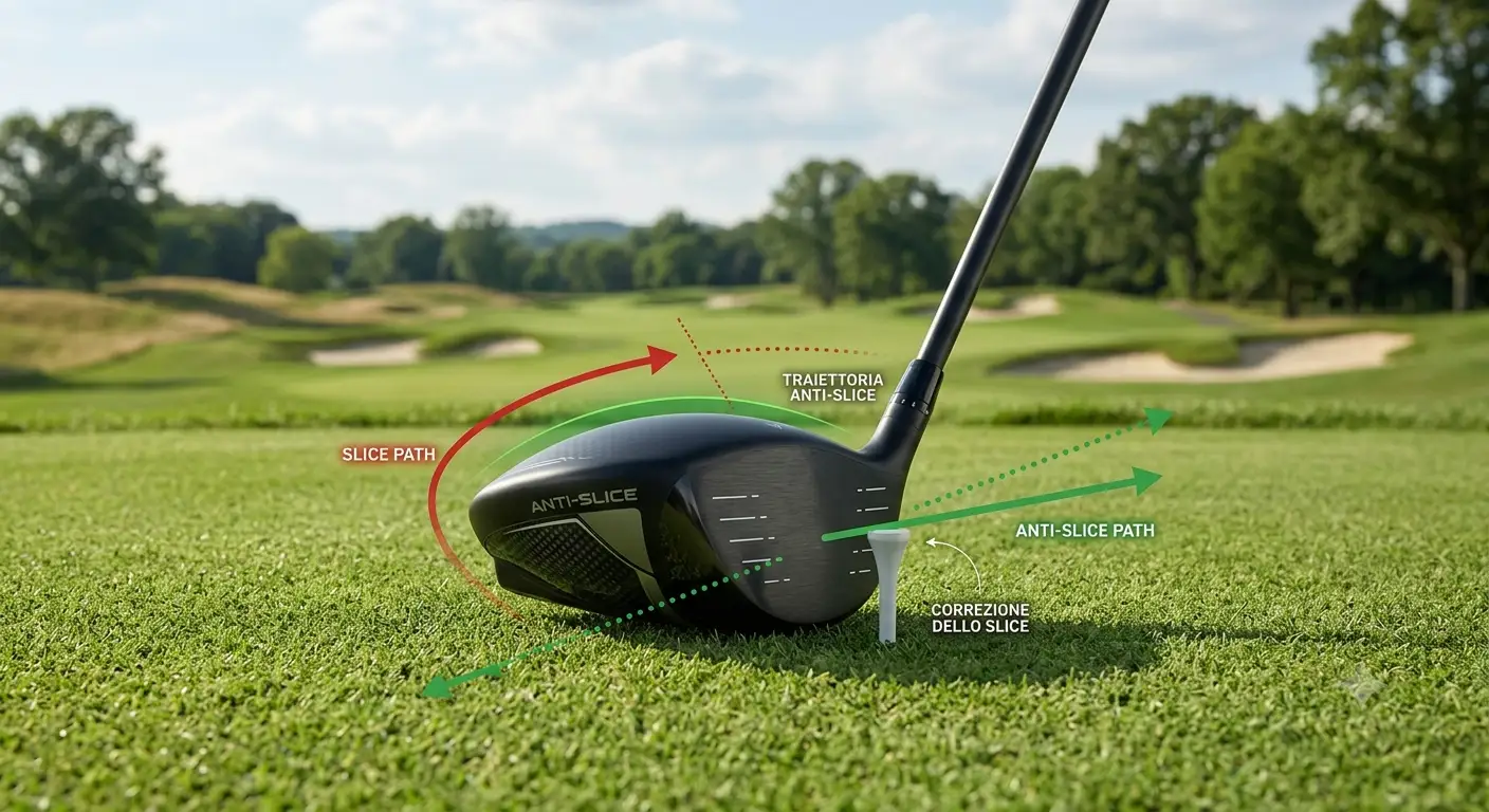 Illustrazione di un driver anti slice con indicazioni grafiche per eliminare lo slice nel golf