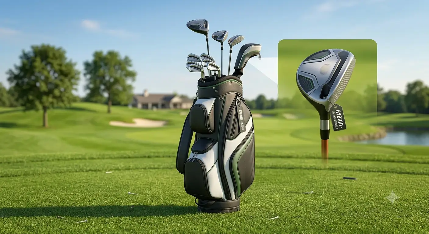 Illustrazione di una sacca da golf con bastoni e unibrido da golf per principianti in evidenza