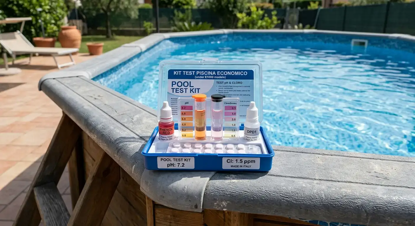 Kit di test piscina per modelli di costo inferiore a 1000 euro appoggiato su un bordo vasca fuoriterra