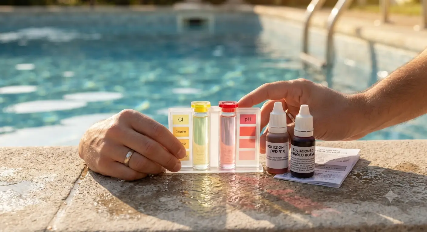 Kit di analisi per verificare i valori di cloro e il pH dell'acqua della piscina.