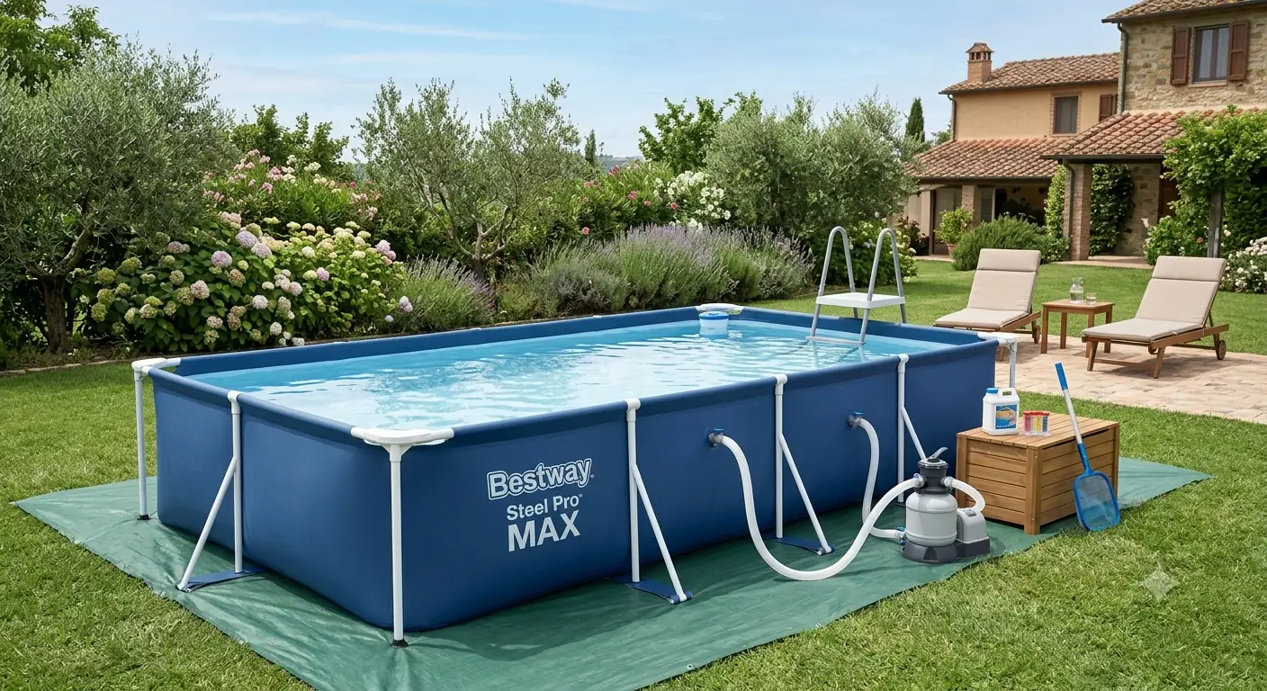 Panoramica del miglior setup piscina fuori terra da giardino installato con un budget inferiore a 1000 euro