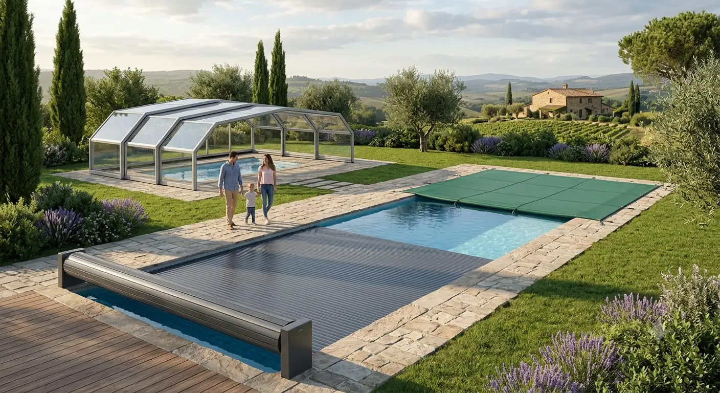 Panoramica delle migliori coperture di sicurezza per piscine installate in un giardino moderno