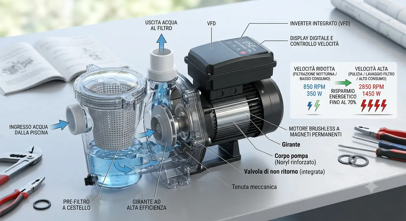 Schema del funzionamento di una pompa a velocità variabile per piscina per il risparmio energetico