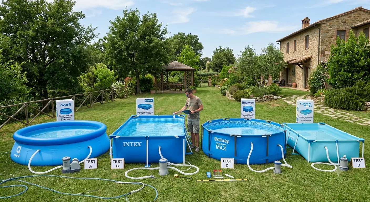 Test comparativo di diverse piscine fuori terra economiche sotto i 300 euro in un giardino