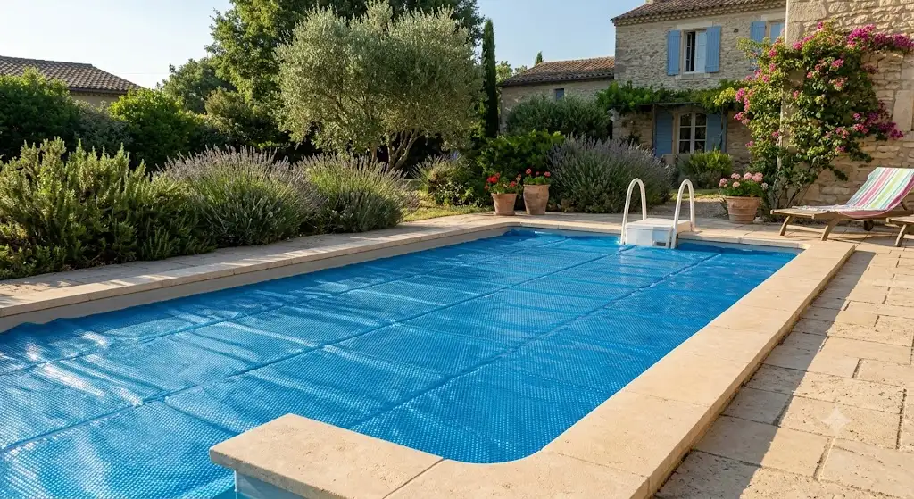 bâche chauffante piscine à bulles bleue installée sur un bassin rectangulaire.