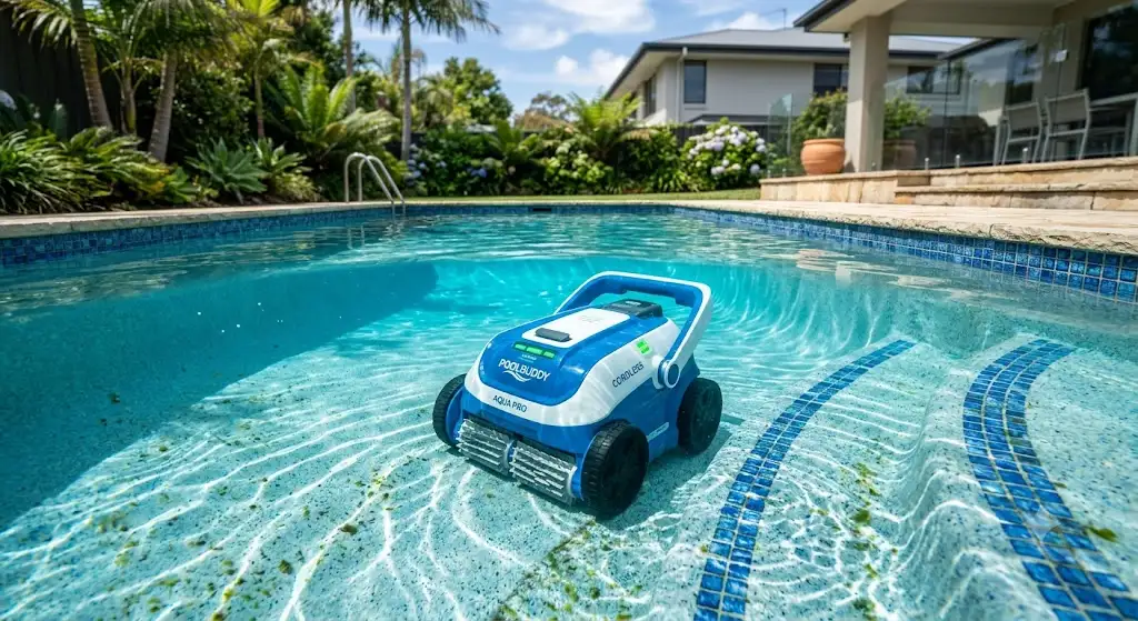 Aspirateur piscine sans fil en cours de nettoyage au fond d'une piscine résidentielle.