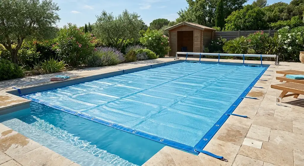 Bâche à bulles 500 microns posée sur l'eau d'une piscine rectangulaire