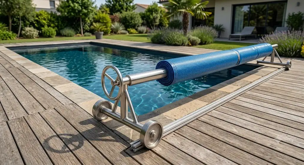 Enrouleur de bâche pour piscine enterrée en acier inoxydable installé sur une plage en bois. (enrouleur de bâche piscine)