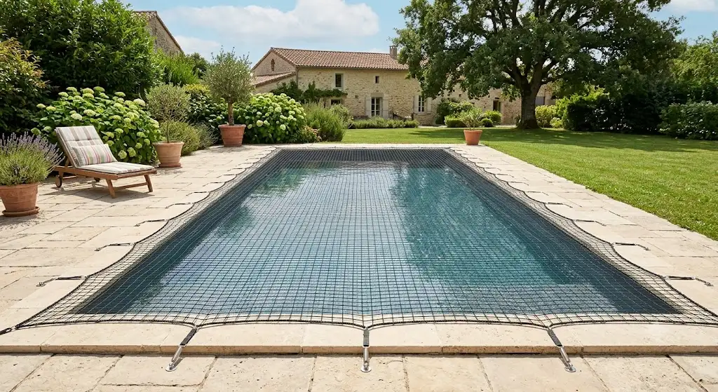 filet de sécurité piscine enterrée conforme à la norme de protection NF P90-308.
