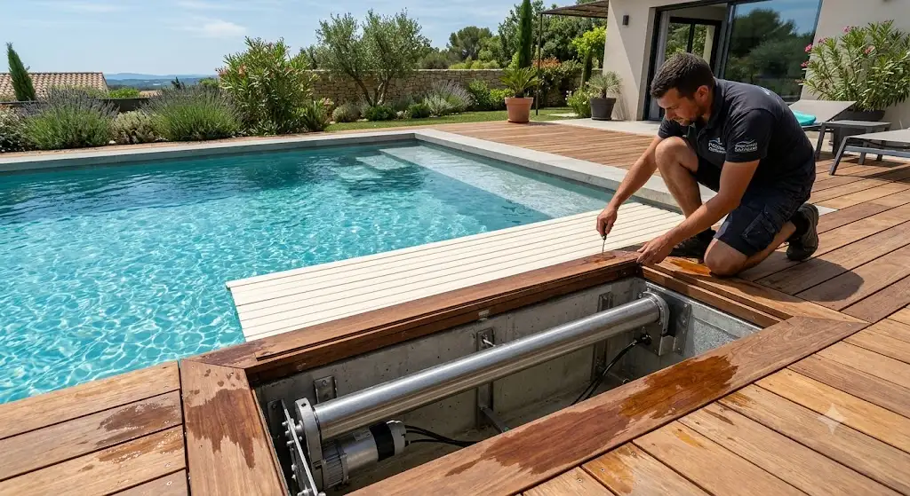 Installation d'un volet roulant piscine immergé sur mesure sous une plage de piscine en bois.