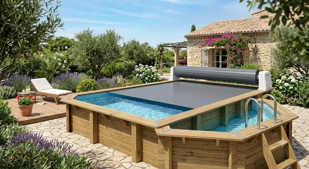 Volet roulant piscine hors sol électrique installé sur une piscine en bois rectangulaire