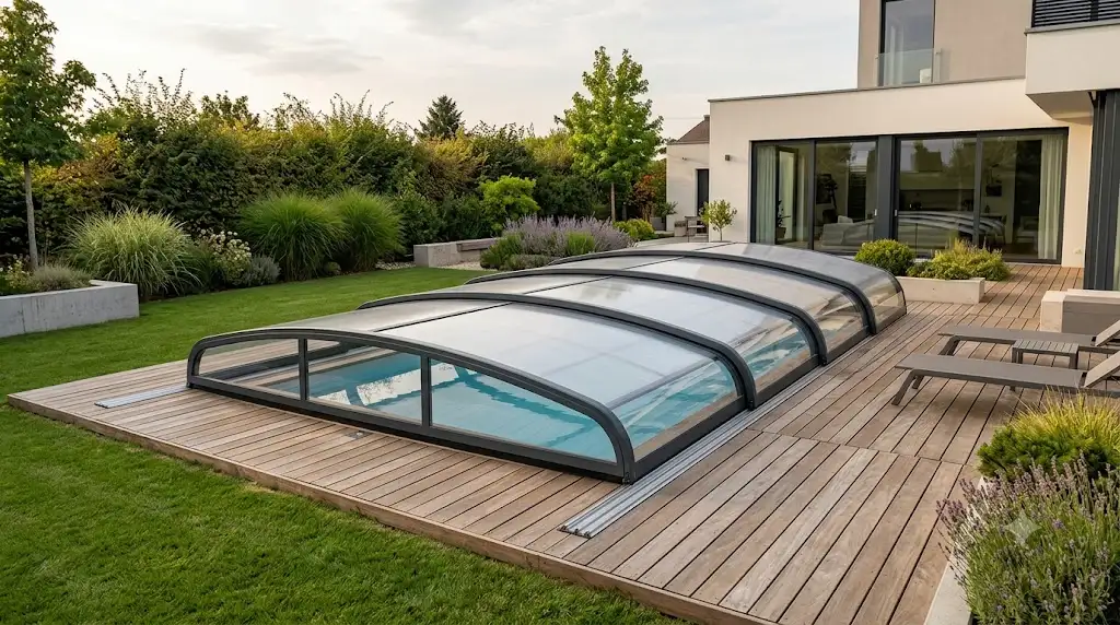 Abri de piscine bas télescopique en aluminium gris anthracite installé sur une terrasse en bois dans un jardin contemporain