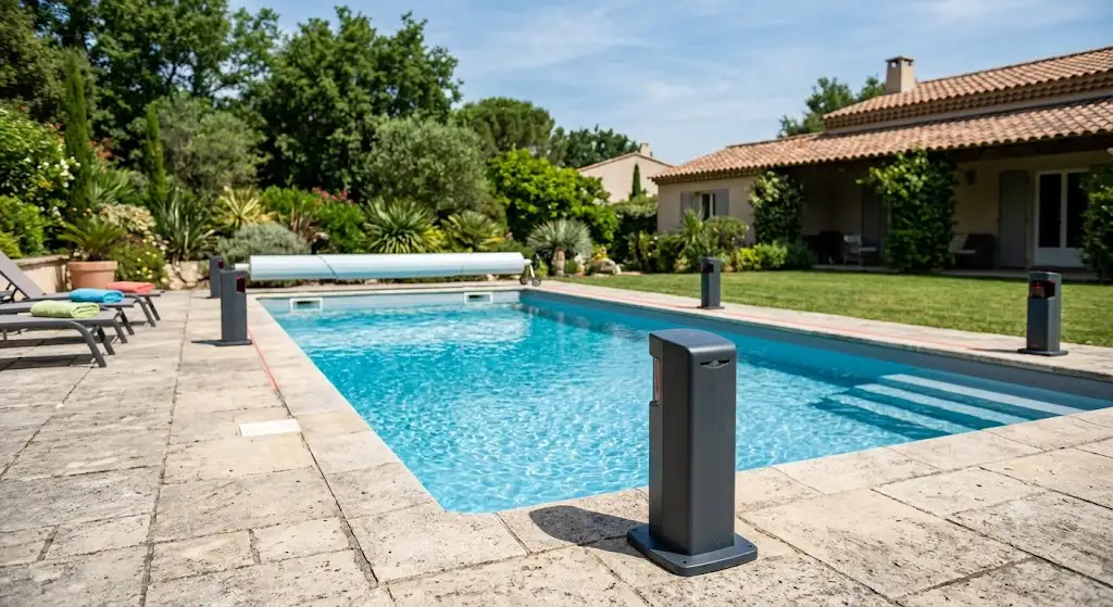 Installation d'une alarme piscine périmétrique infrarouge autour d'un bassin résidentiel.