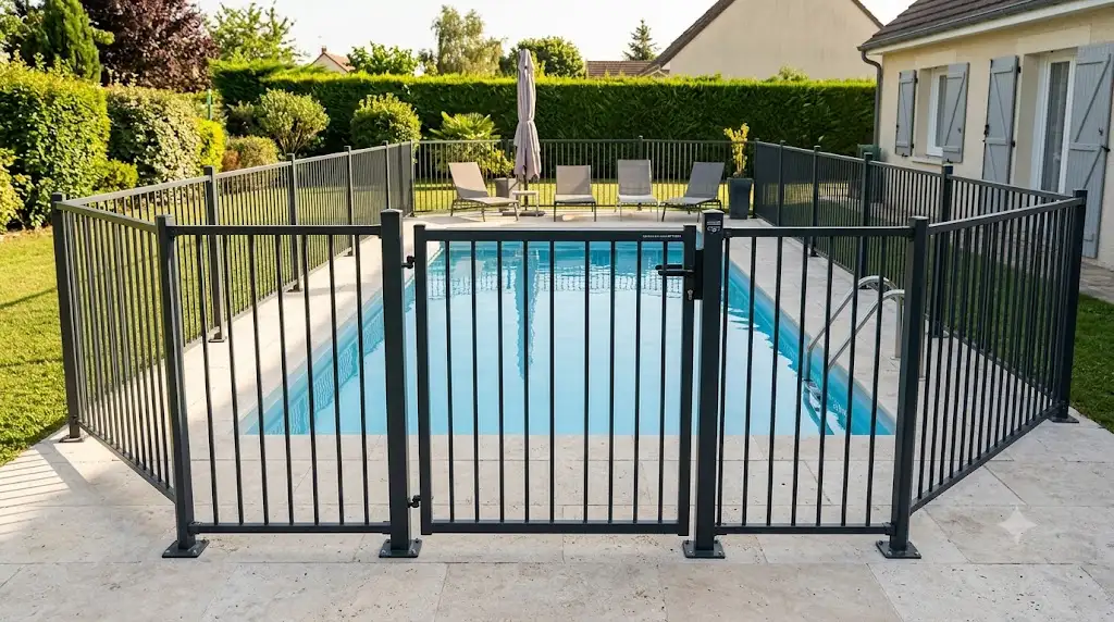 Barrière de piscine fixe conforme à la norme NF P90-306 entourant un bassin familial dans un jardin