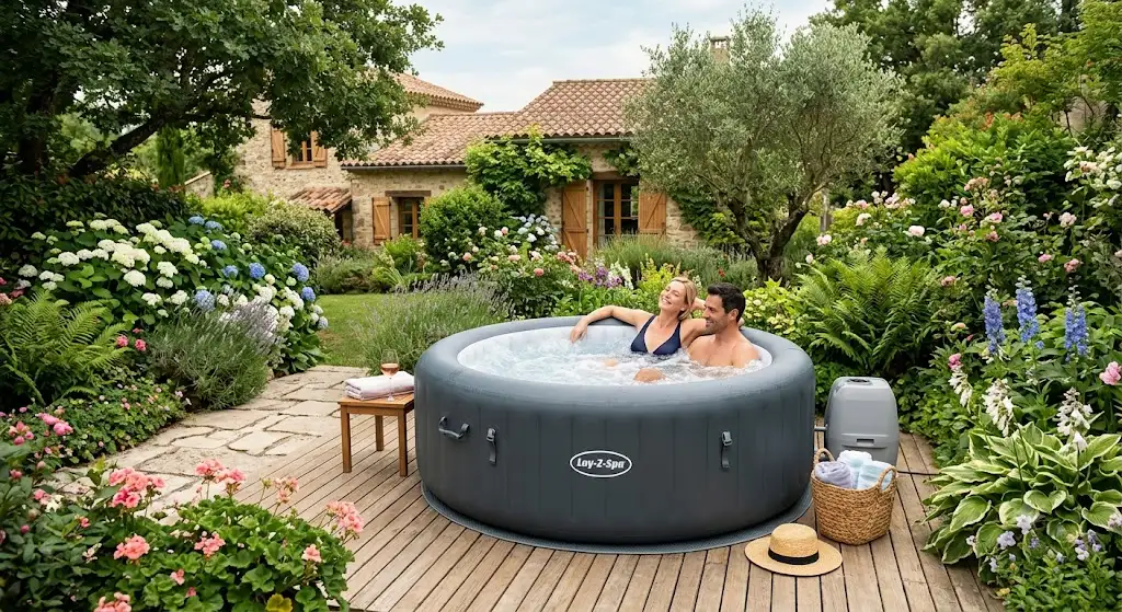 Spa gonflable à massage d'air installé dans un jardin pour un moment de détente à domicile. (spa gonflable massage air)