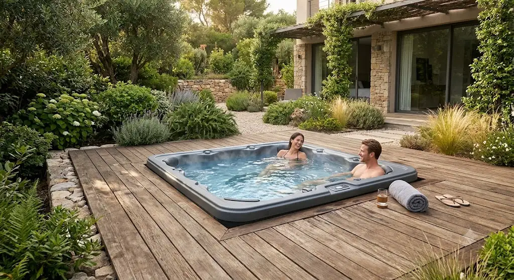 Spa rigide encastrable intégré dans une terrasse en bois pour aménagement extérieur de jardin