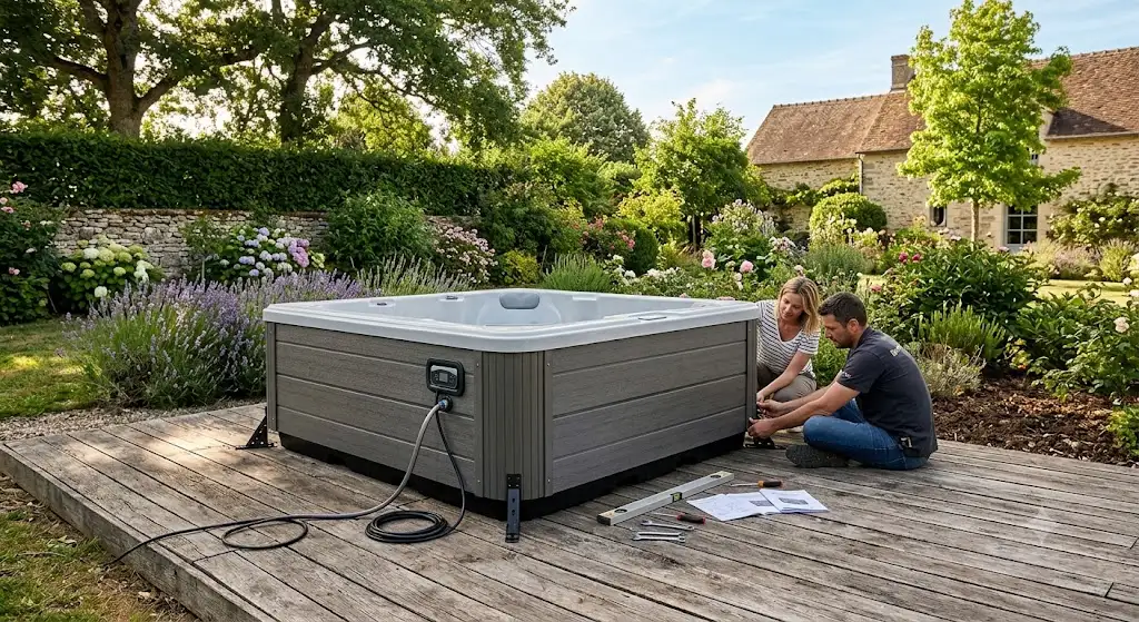 Installation d'un spa rigide portable sur une terrasse en bois dans un jardin