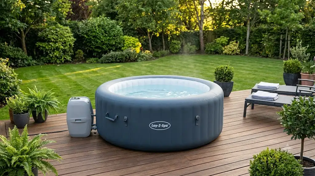 Spa gonflable Bestway Lay-Z-Spa installé sur une terrasse en bois dans un jardin. (spa bestway lay-z-spa)