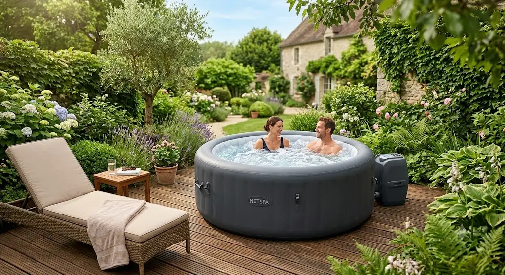 Un spa NetSpa gonflable installé dans un jardin verdoyant pour une séance de détente en extérieur.