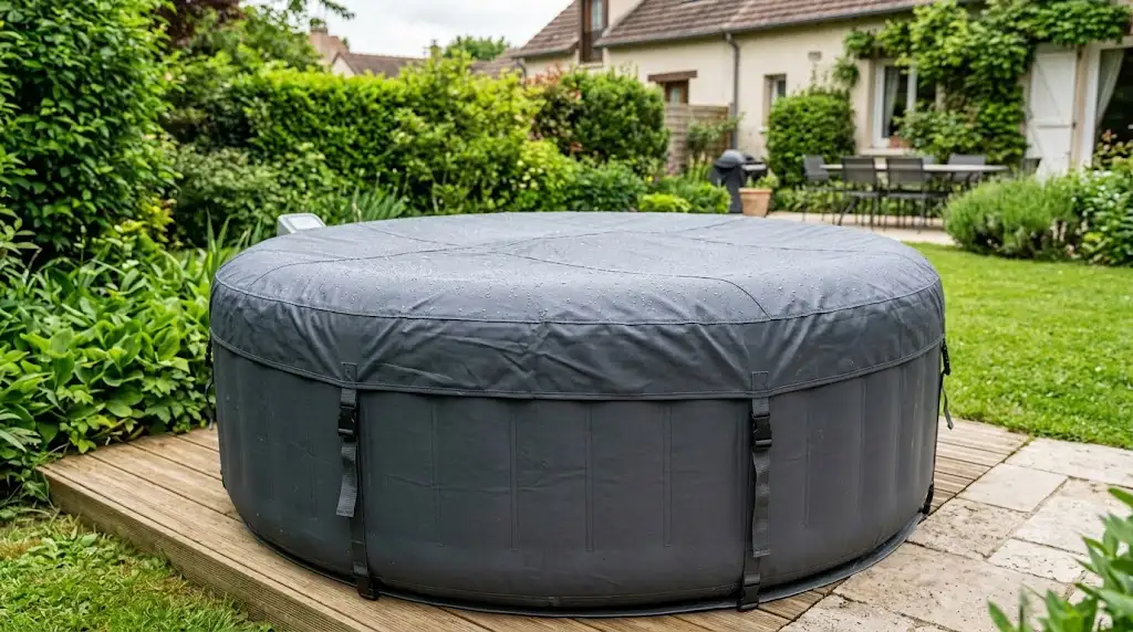 Housse de spa gonflable imperméable installée sur un jacuzzi rond dans un jardin
