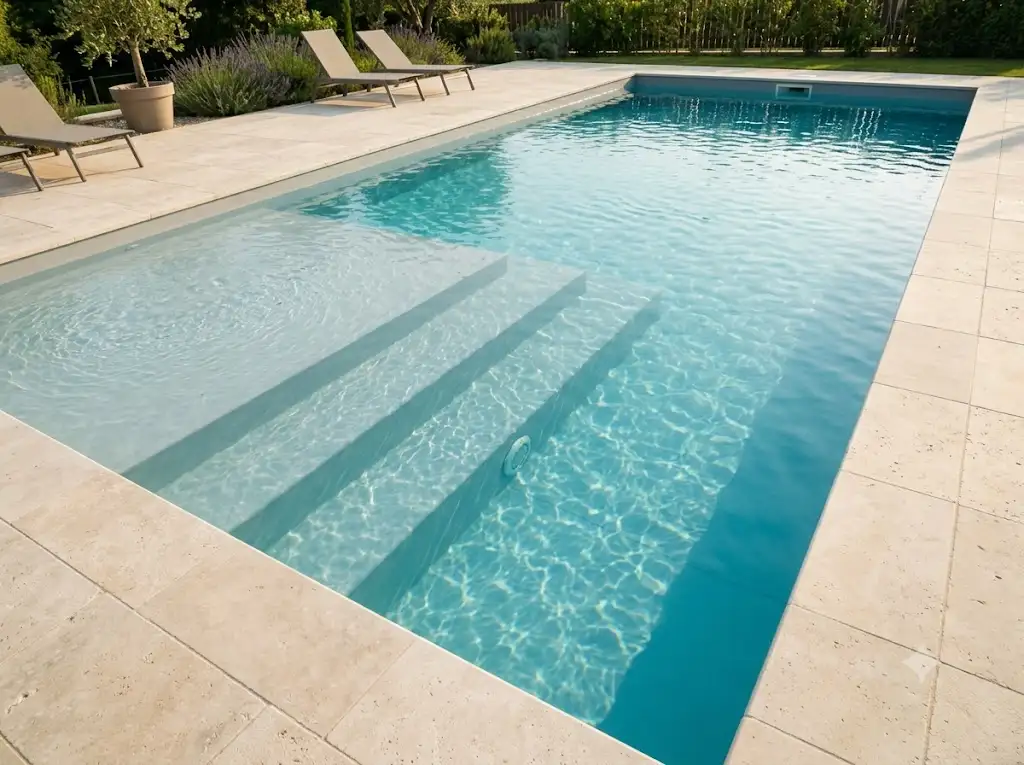 Grand escalier de piscine rectangulaire maçonné sous liner intégrant une plage immergée pour la détente