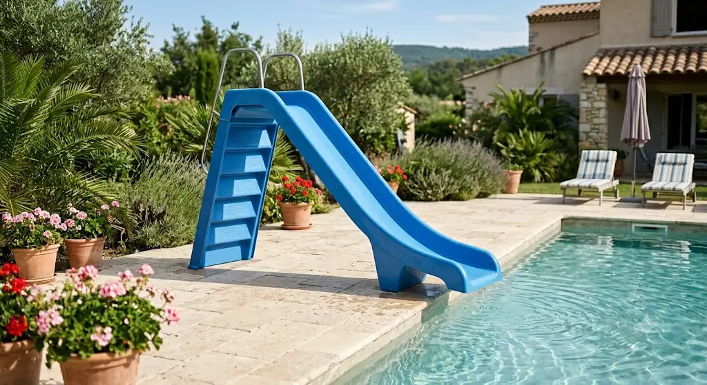 Toboggan de piscine droit bleu installé au bord d'un bassin résidentiel