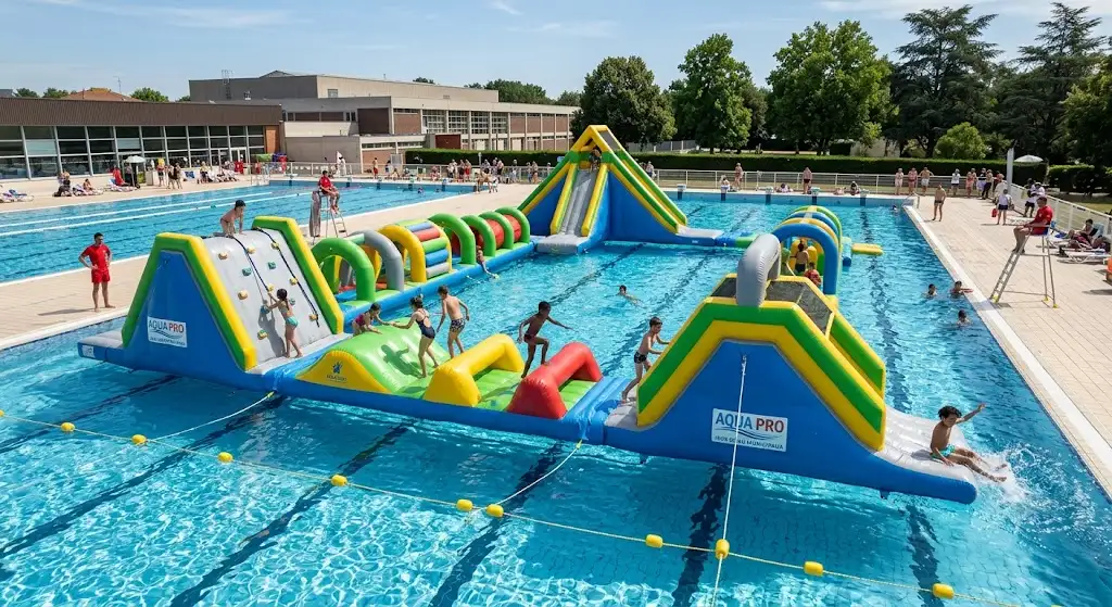 Grand parcours d'obstacles gonflable géant installé sur l'eau d'une grande piscine municipale. (jeu gonflable géant piscine)